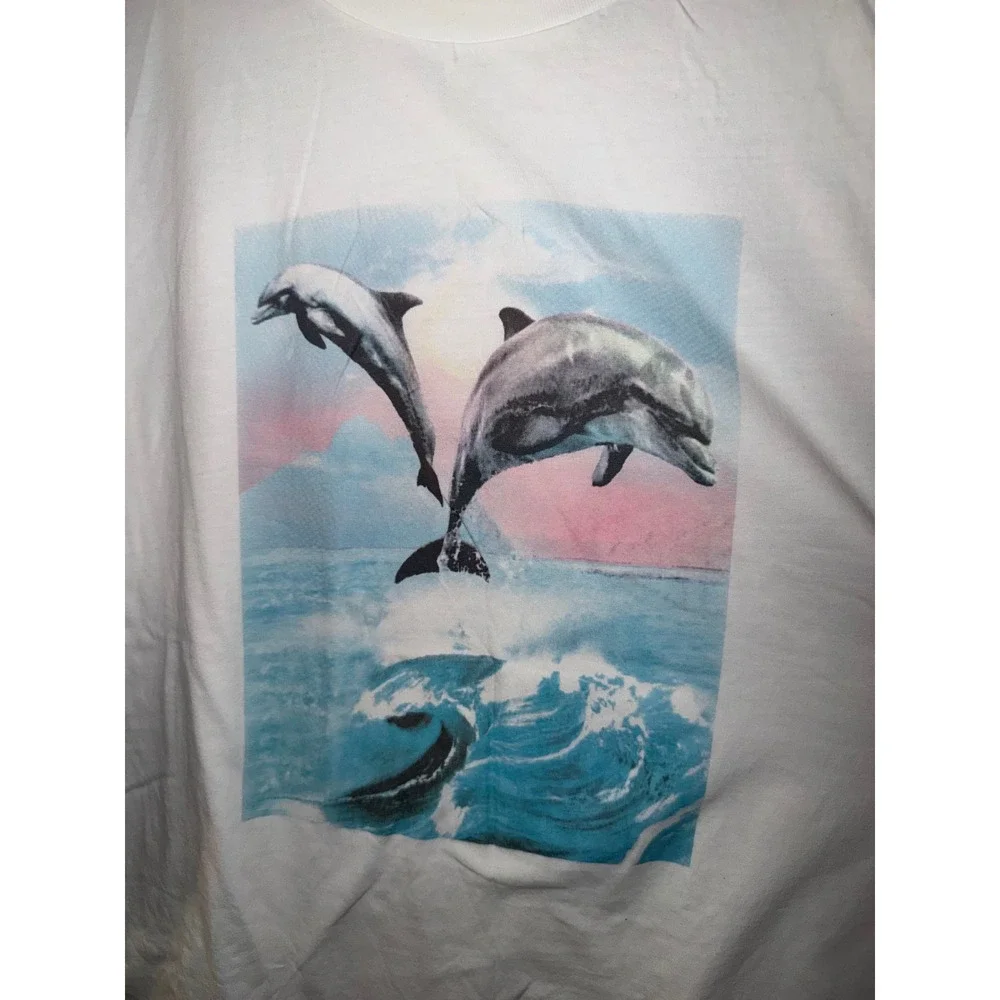 Monki White Dolphin Ocean Graphic Print T-Shirt Mens Medium Relaxed Crewneck - Picture 2 of 4